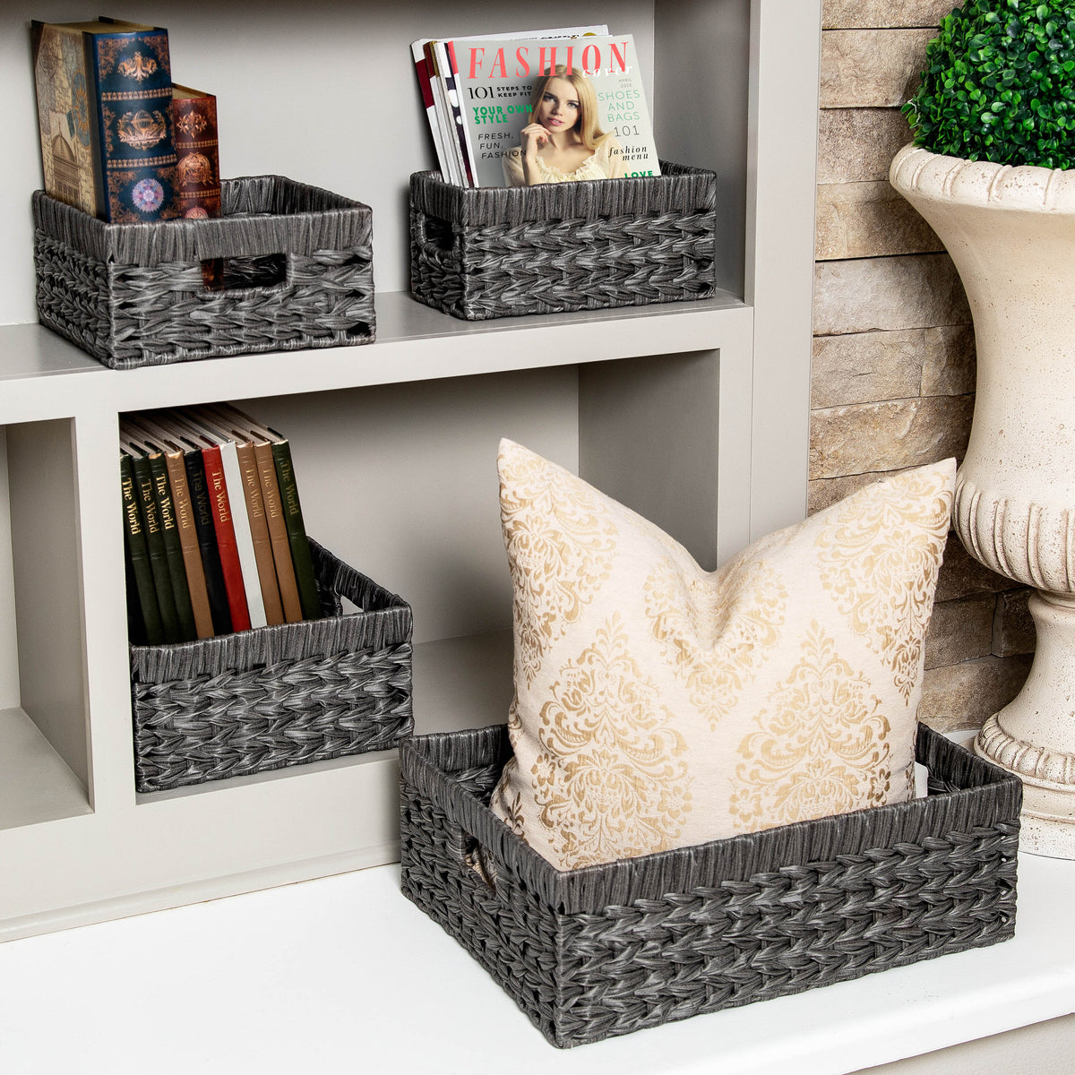 4-Piece Handwoven Modern Grey Storage Set Basket Seville Classics –