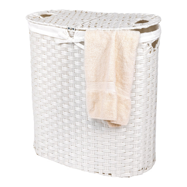 Handwoven Lidded Oval Double Laundry Hamper, White