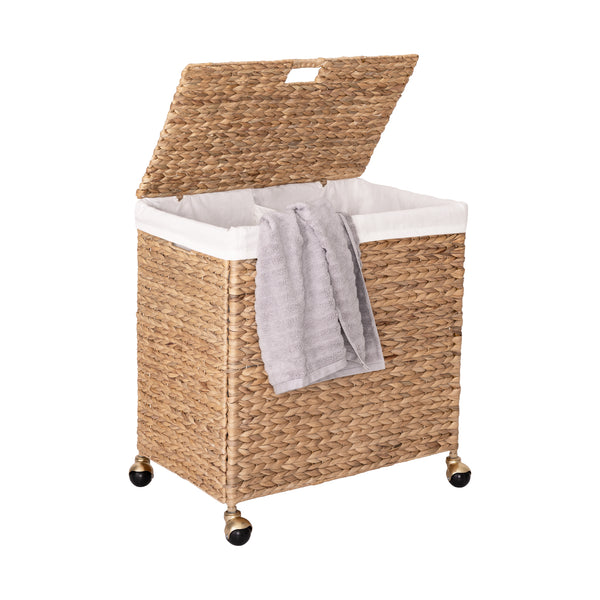 Sustainable Double Handwoven Lidded Laundry Hamper with Gold Sphere Casters