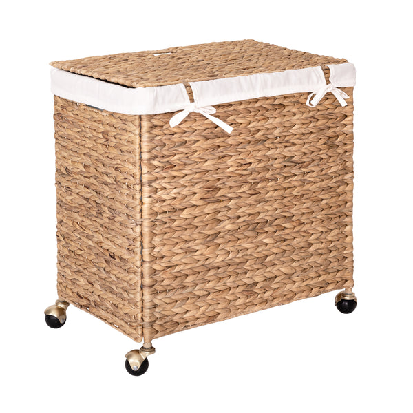 Sustainable Double Handwoven Lidded Laundry Hamper with Gold Sphere Casters