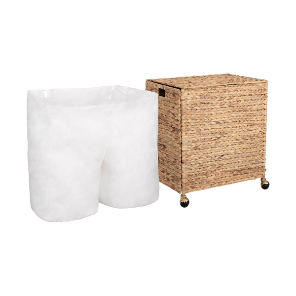 Sustainable Double Handwoven Lidded Laundry Hamper with Gold Sphere Casters