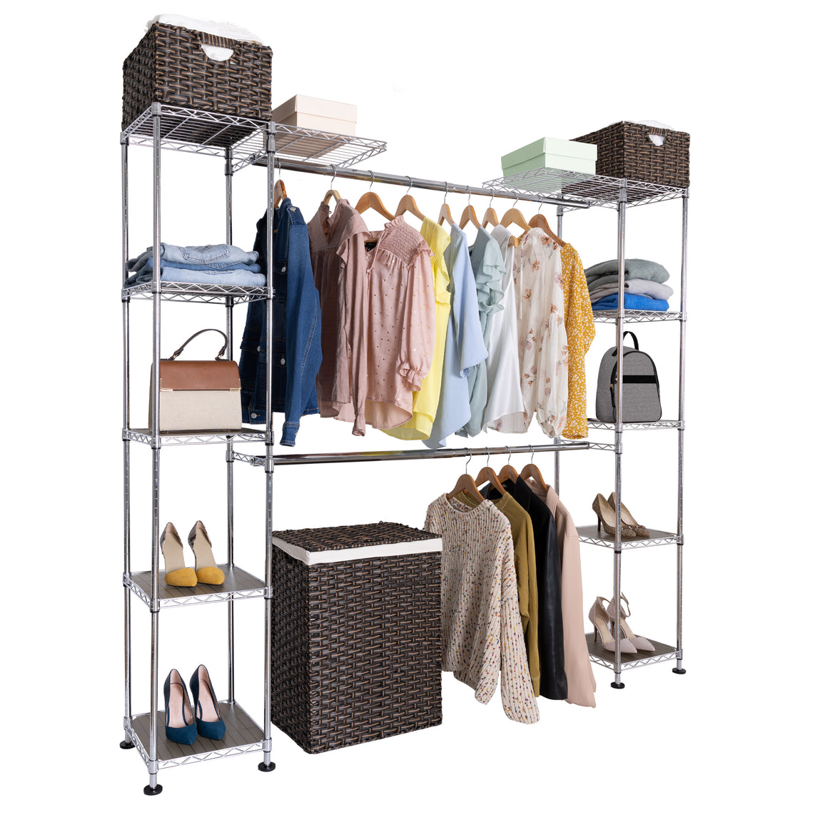 3-Tier Under Closet Shelf Basket Hanging Clothes Storage Organizer Slides  Under Shelves Space Saving Stackable Cabinet Bins Foldable Metal Wire Rack